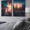 Set of fall nature wall art featuring mountains, trees, and sunsets hung in gray living room
