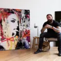 Pairing of graffiti black white and pink graffiti pop collage and black and gold Medusa pop wall art in man's living room