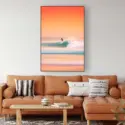 Large photo like surreal summer artwork in shades of oranges and aquas of a lone surfer in a living room