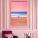 Large Surf wall art in pink blues orange hangs on a wall in a contemporary living room