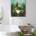 Bathroom wall art with a tropical bird flying hanging above white soaking tub.