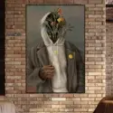 Oversized painting of Black man in gray hoodie and green blazer with wildflowers instead of a face hangs on brick wall in modern apartment living room