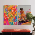 Two colorful graffiti style drawings hang side by side above red bench in man's apartment.