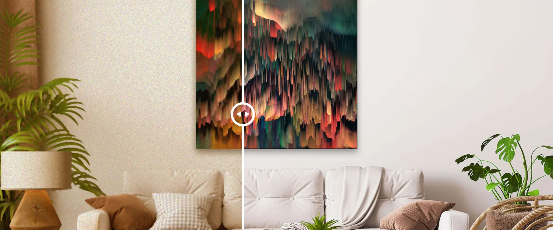 Large Abstract wall art in greens, red, and orange hangs in beige room accented by house plants and and ivory couch