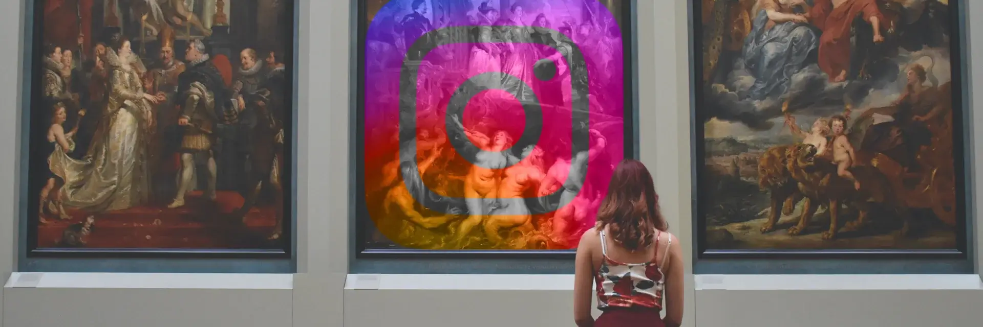 Girl stands in front of three large paintings hanging side by side in a museum. The middle painting is covered with an Instagram logo.