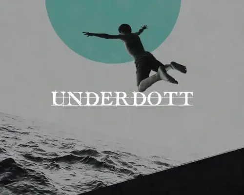 Black and white artwork featuring man jumping into the water with artist Underdott signature in white