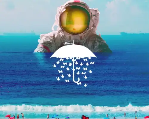 Huge astronaut rises out of the water in surreal beach art with digital artist Seamless signature in white