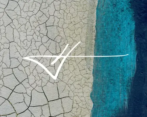 Abstract coastal artwork in white and blue with Jared Hankins signature in white