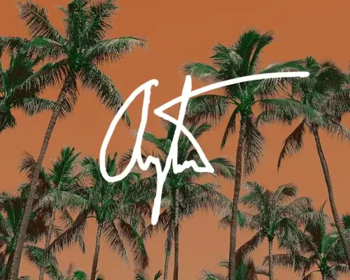 Vibrant orange wall art featuring palm trees with Arytron signature in white