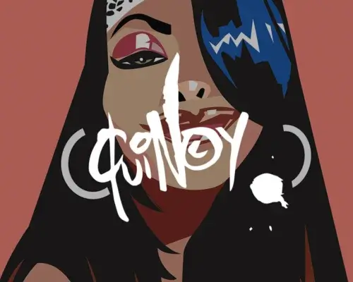 Signer Aaliyah digitally drawn in colorful pop wall decor with artist Quincy Ray's signature in white