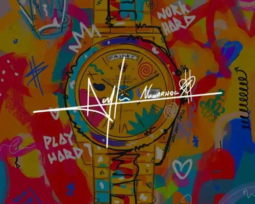 Vibrant pop wall art painting of Rolex watch face with artist Nuwarhol's signature in white