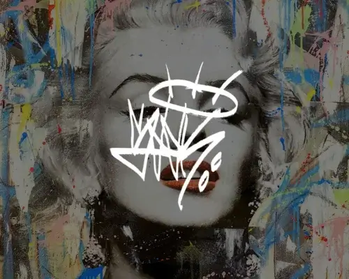 Marilyn Monroe pop artwork in black and white surrounded by blue and yellow paint drips with Seek One's signature in white