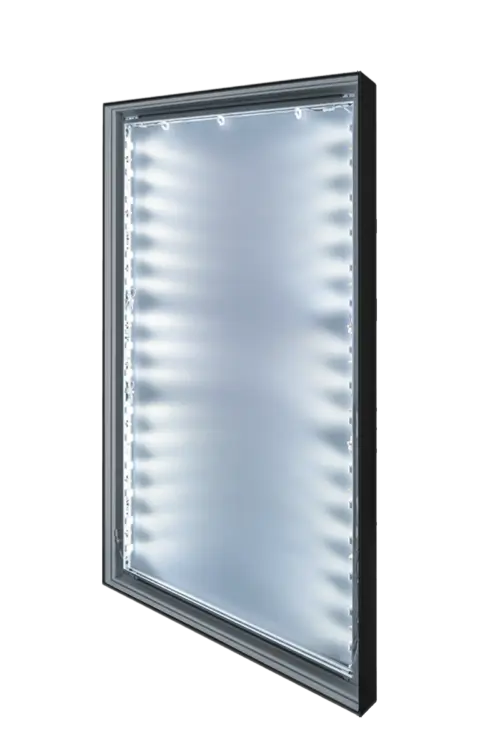 Black-framed Lightbox with LED illumination designed to display swappable SEG large wall art artwork for a modern and dynamic wall art experience.