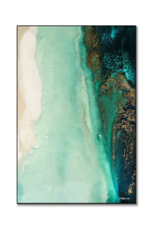Coastal art print combining abstract painting and ocean photography in jade teal, shown on a white background.
