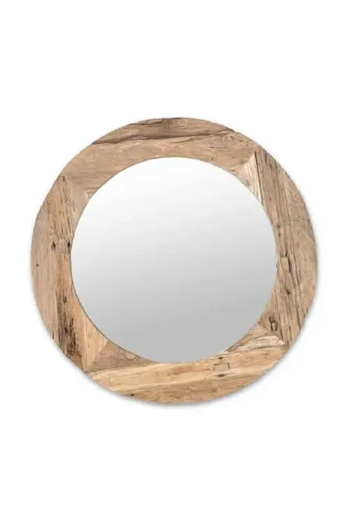 Round mirror with a light natural wood frame, displayed on a white background.