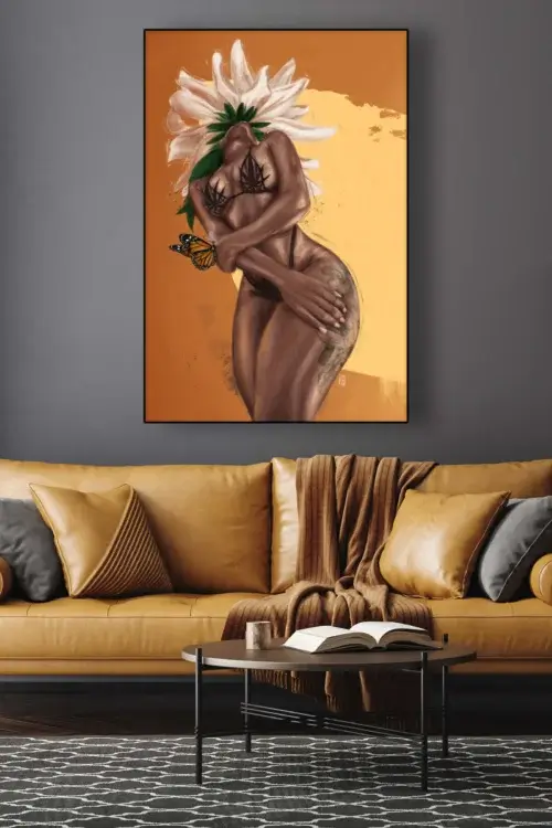 Massive vertical painting of black woman in lingerie hangs in living room