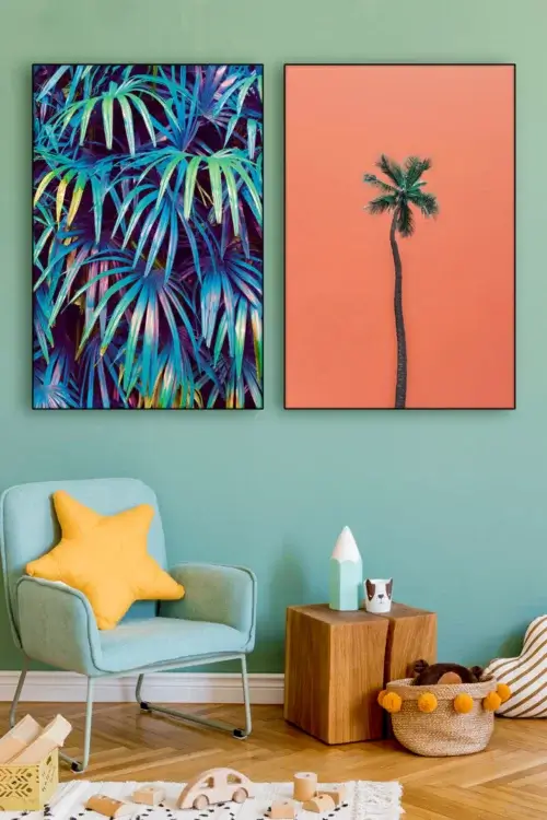 Large set of 2 palm tree photos make's kid's room feel fun, playful, and colorful.