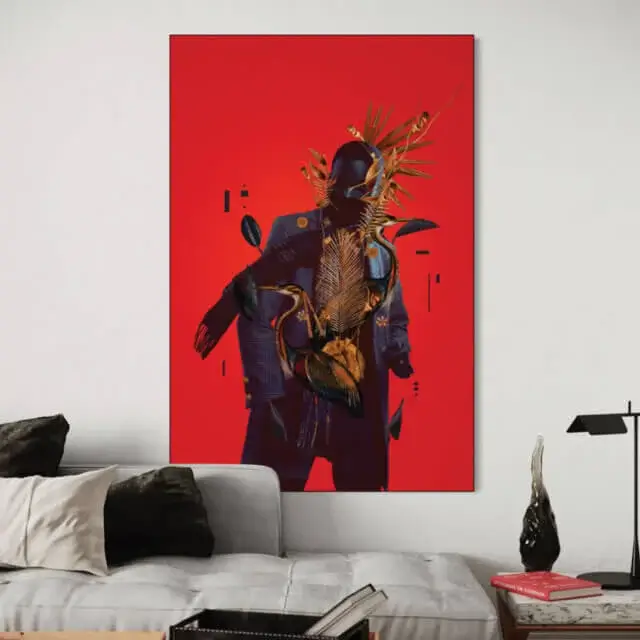 White neutral bedroom with a bright red BIG Wall Decor print to demonstrate the Unexpected Red Theory with the featured red artwork and the red book on the ledge.