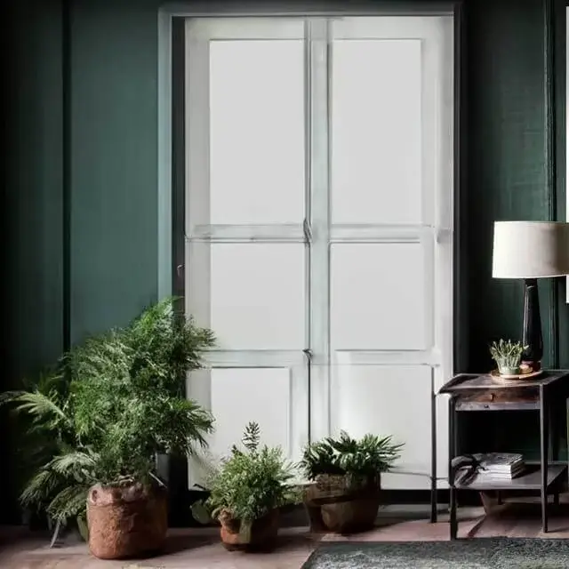 Horizontal view of a large dark green room with hardwood floors. To the right is a long green couch accompanied by an end table and lamp. Above the couch is the focal point, a two piece set of artwork by George Rosaly that goes together. The artwork is a minimal style white background. The artwork is split into two prints, the left print has a phrase and 2 and a half dots. The second print has the other half of the 2 and a half dots.