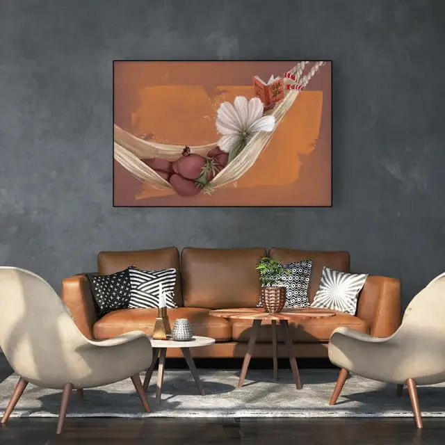 Massive painting of black woman with large round butt showing as she rests in white hammock hangs on wall in living room
