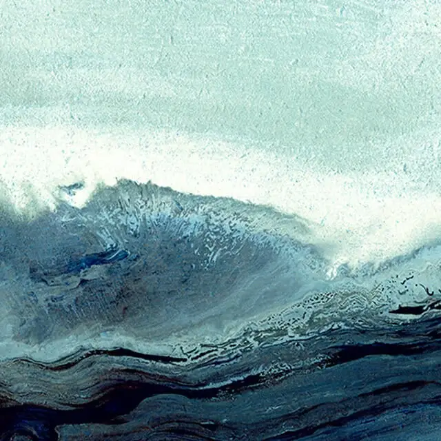 Nature inspired blue abstract artwork represents a wave and shifts from light blue to darker blue top to bottom on the piece.