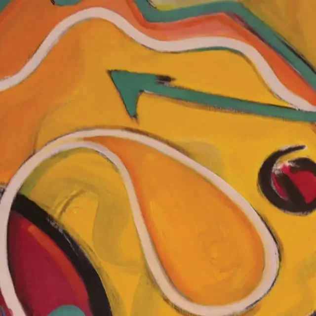 Colorful abstract art in warm colors, mainly orange and yellow features large, looping line drawings.
