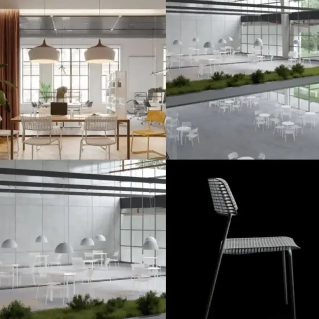 Gallery of 4 images showing individual dining chairs and then staged dining rooms featuring the chairs in neutral and white themed spaces.