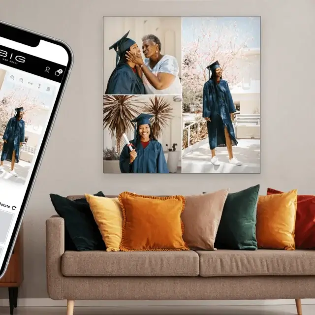 Insight into how custom collage poster hanging above couch in living room was designed, as seen on the phone showing BIG Wall Decor's custom photo collage makers.