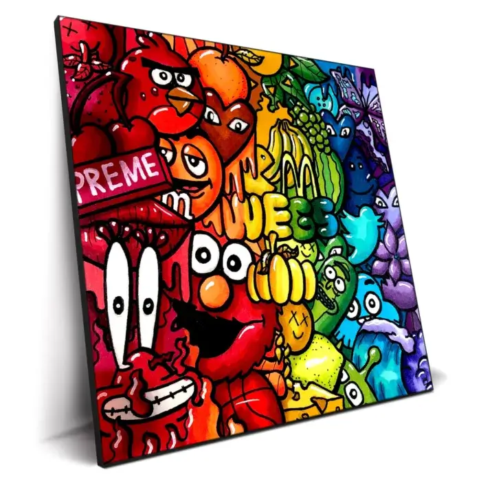 wall art piece featuring cartoon characters with red, yellow, blue, and purple colors.