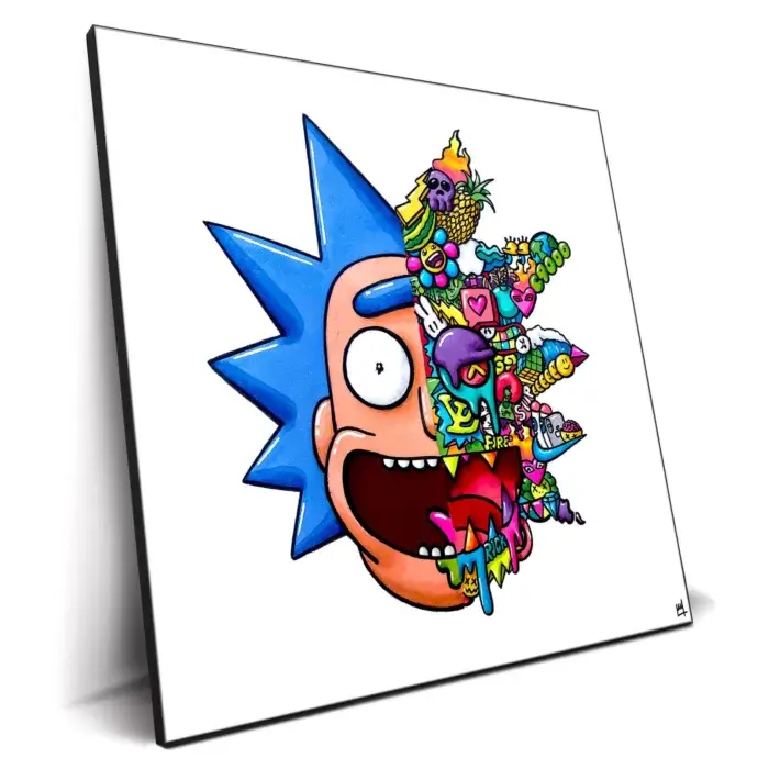 colorful and trippy piece of art that showcases the character Rick Sanchez.
