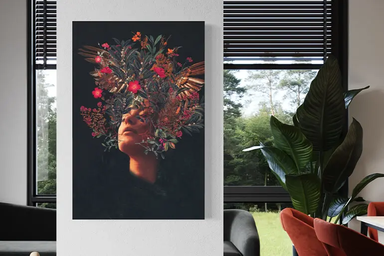 A modern office space featuring a striking surreal portrait wall art with floral and nature-inspired elements, adding a creative and sophisticated ambiance.