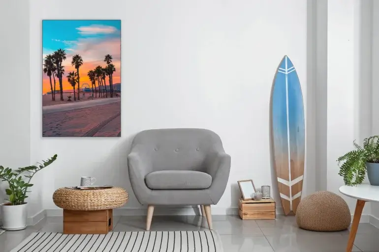 Large Colorful Photography wall art hangs in clean modern surf living space