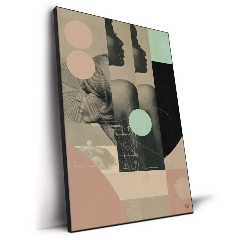 Neutral-toned female profiles overlaid with pastel geometric shapes and fine linear details, blending portraiture and design.