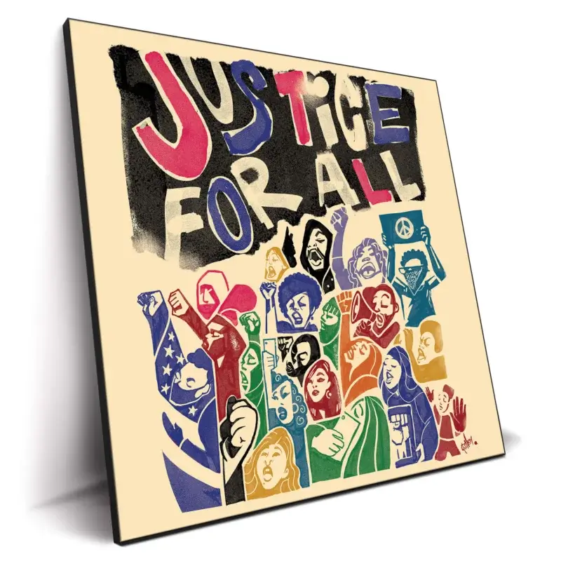 Drawing of diverse group raising fists and voices under "Justice for All" text.