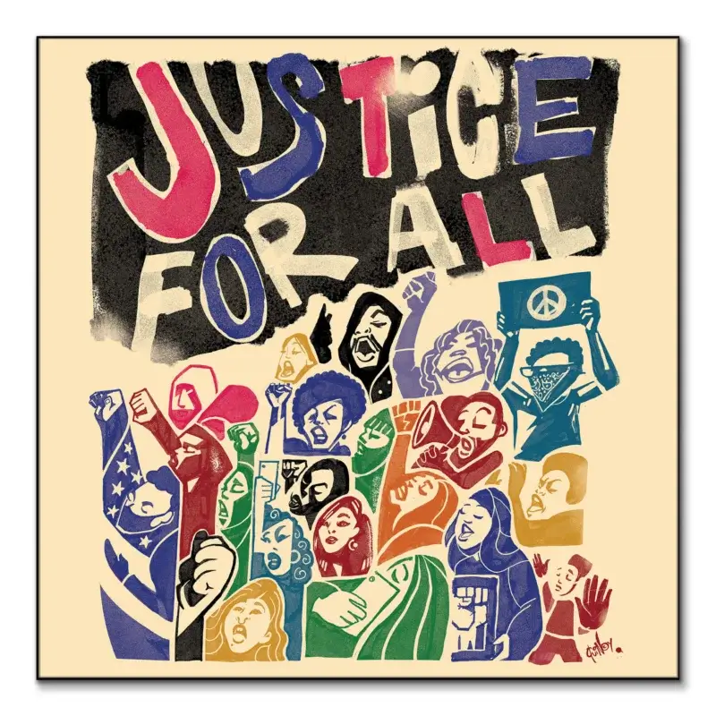 Colorful illustration of diverse group raising fists and voices in protest.