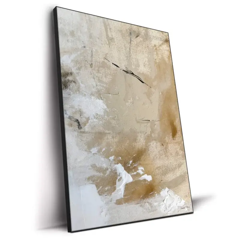Abstract artwork with white and light brown tones, featuring soft brushstrokes and textured surfaces.