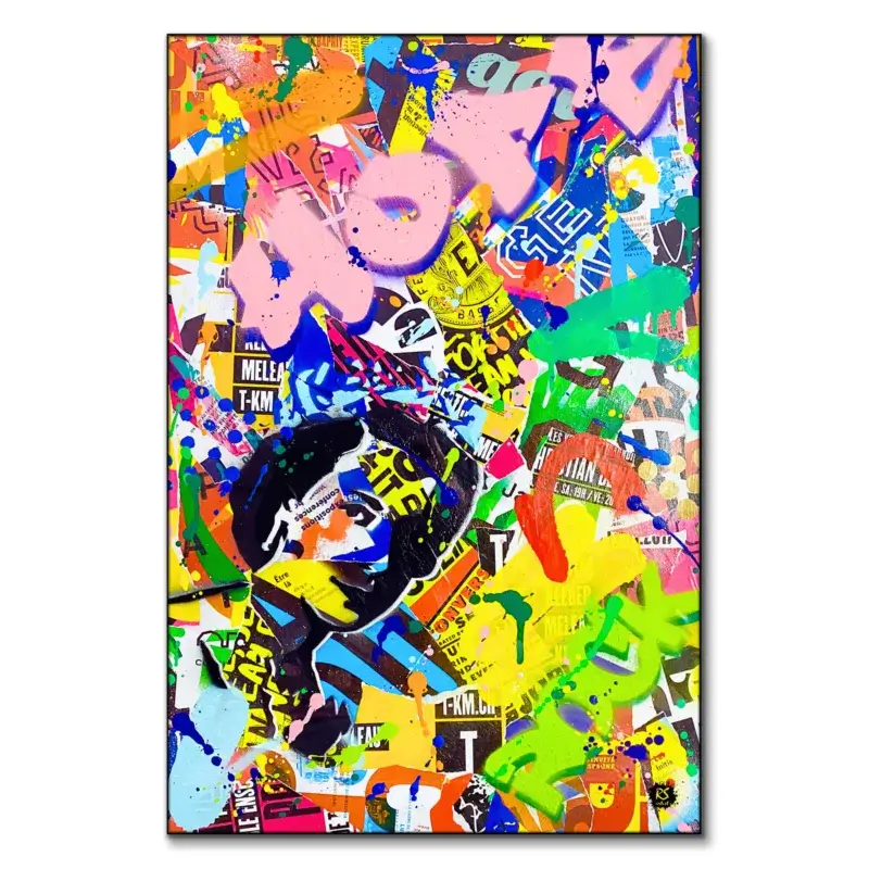 Collage artwork with vibrant colors, bold text, and a central face amidst the graffiti.