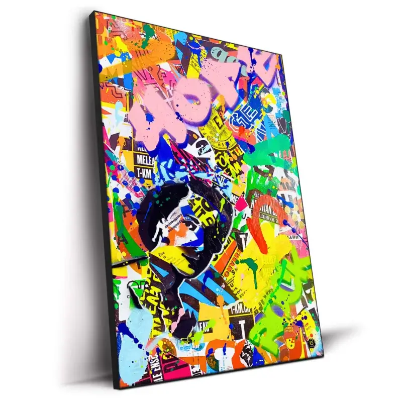 Spray paint collage artwork with vibrant colors, stenciled text, and a central face amidst the graffiti.