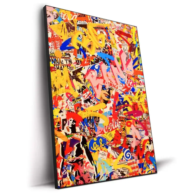 Colorful graffiti artwork with pop culture images and vintage ads.