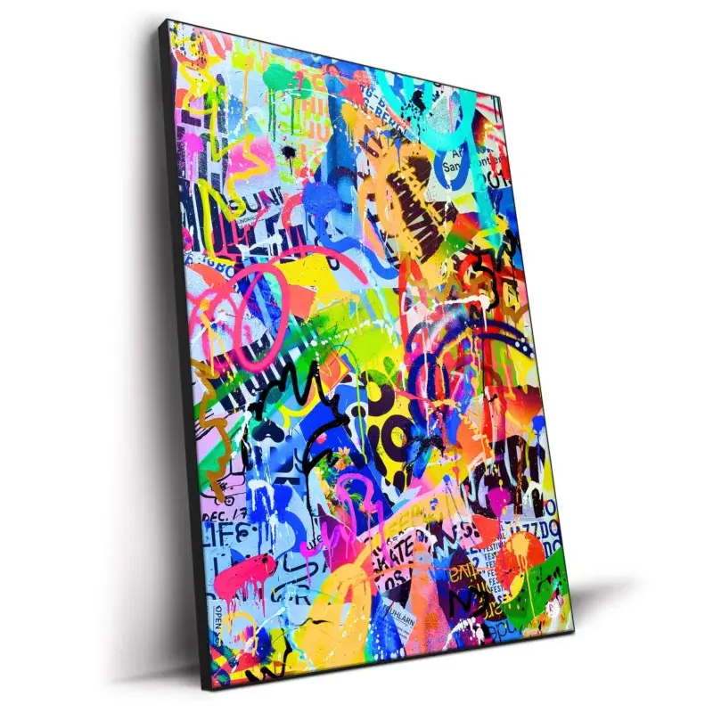 Abstract artwork with graffiti elements and vibrant paint splashes.
