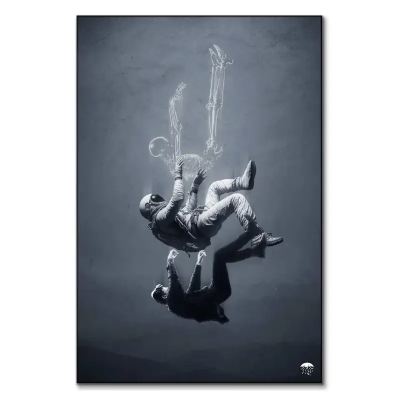 Falling astronaut, skeleton and man in surreal collage art against gray background.