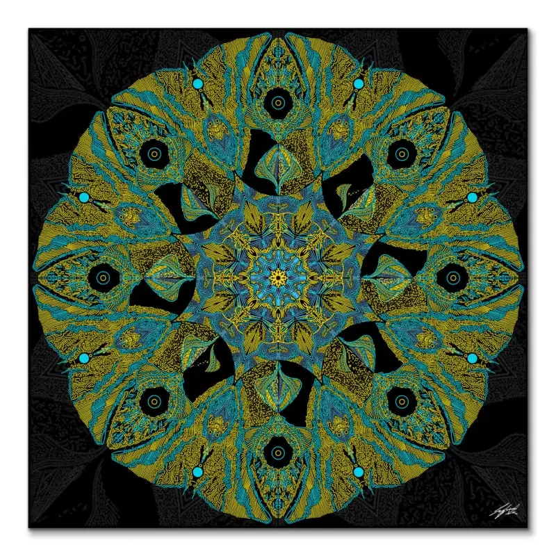 Intricate pattern with green and yellow lines radiating from a center against a textured black background.