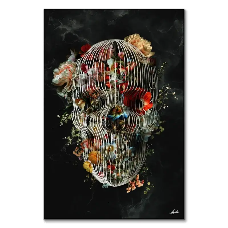 Skull formed by white cage-like lines filled with flowers against a dark background.