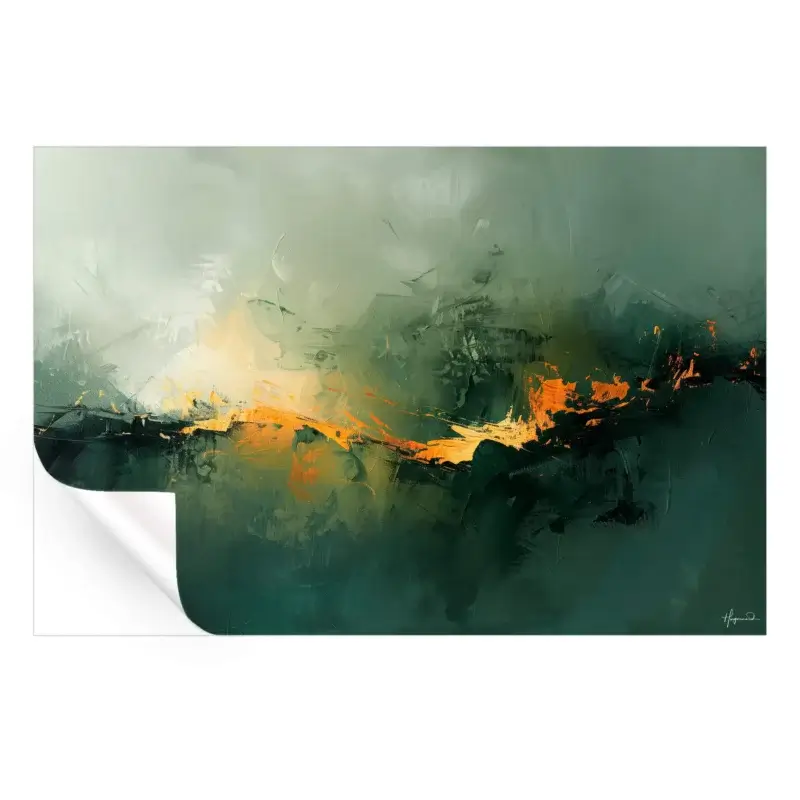 Deep greens with a vivid streak of orange and yellow, resembling a fiery horizon.