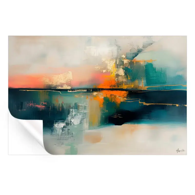 Sunset colors blend into calming teal and blue tones, with striking dark and light accents.