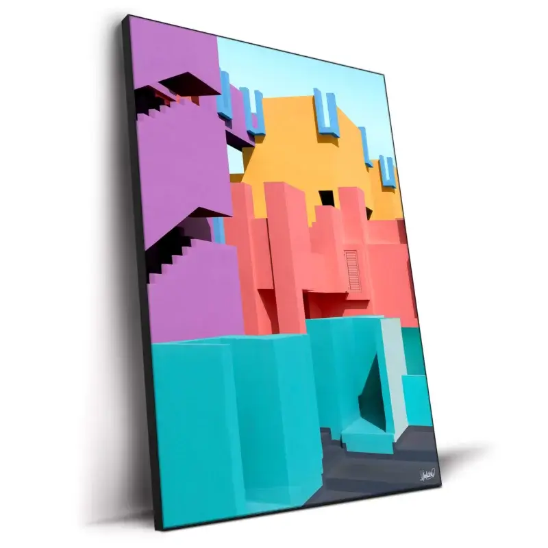 Colorful, surreal forms in turquoise, pink, yellow, and purple.
