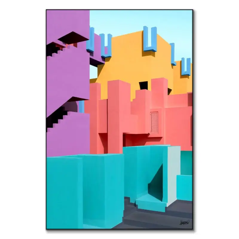 Colorful architectural forms in turquoise, pink, yellow, and purple, forming a vibrant cityscape.