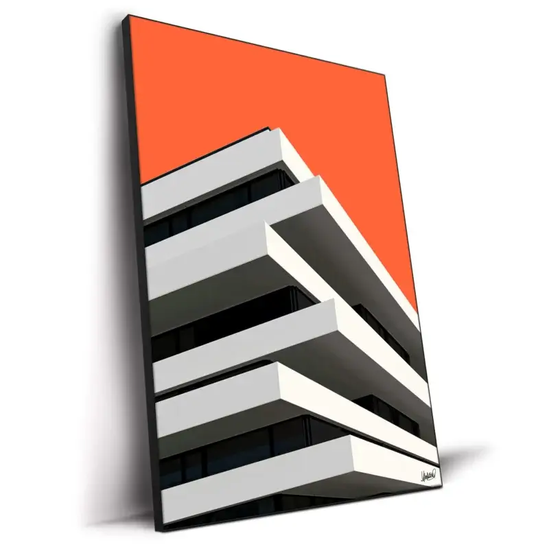 White layered modern building with a vibrant orange background and minimalist design.