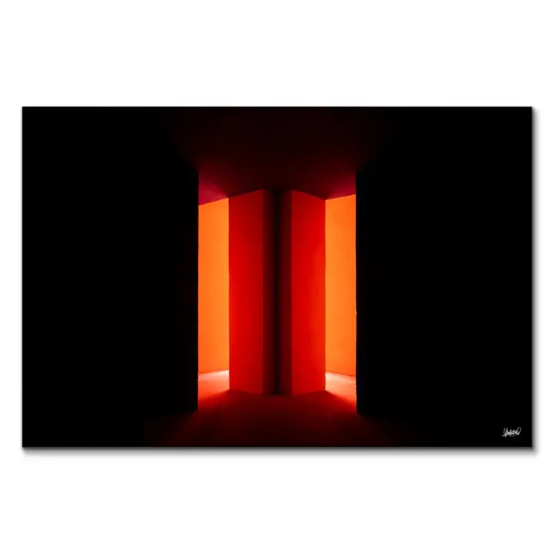 Dark hallway with dramatic orange lighting and deep shadows, evoking mystery.