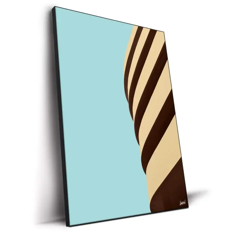Curving striped facade in beige and dark brown against a light blue background.